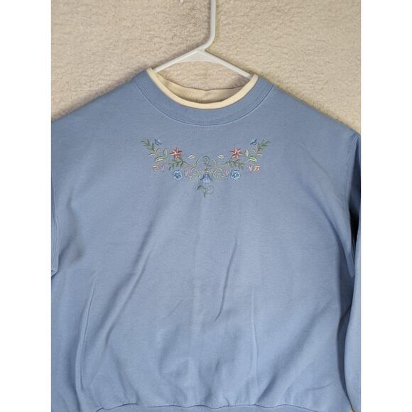Vintage Top Stitch Sweatshirt Womens XL Blue Floral Cottagecore Embroidered - Picture 10 of 16